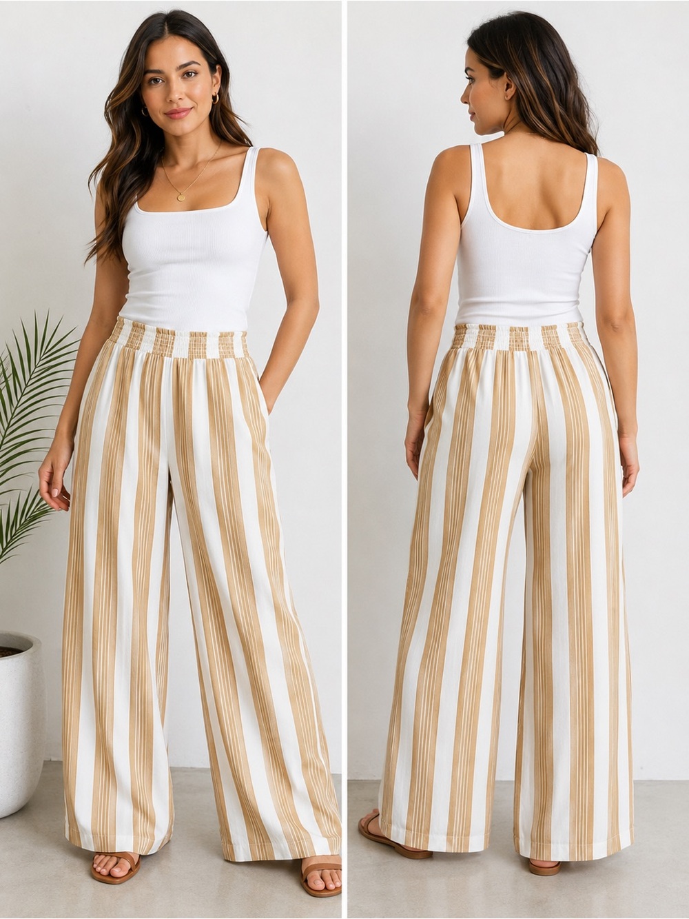 Pink Rose Wide-Leg Striped Pants in White & Tan
